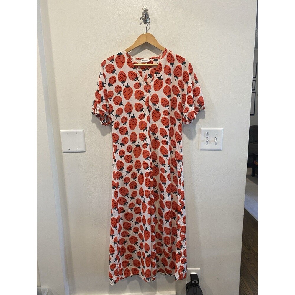 Marimekko Lennella Mansikka Strawberry Plisse Dress Size 36 US 6 Midi Crinkly